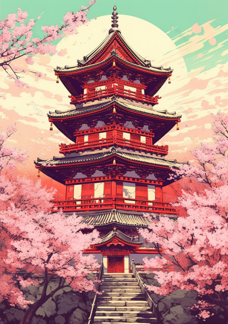 古塔下盛开的桃树中国风背景,插画/手绘图,插画/手绘图库,插画/手绘图下载,插画/手绘